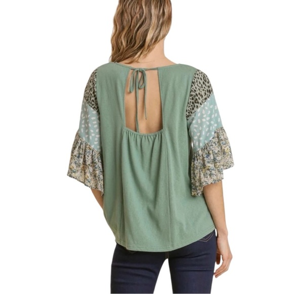 NWT UMGEE - MIXED PRINT RUFFLE SLEEVE TOP, DUSTY MINT - Picture 10 of 10
